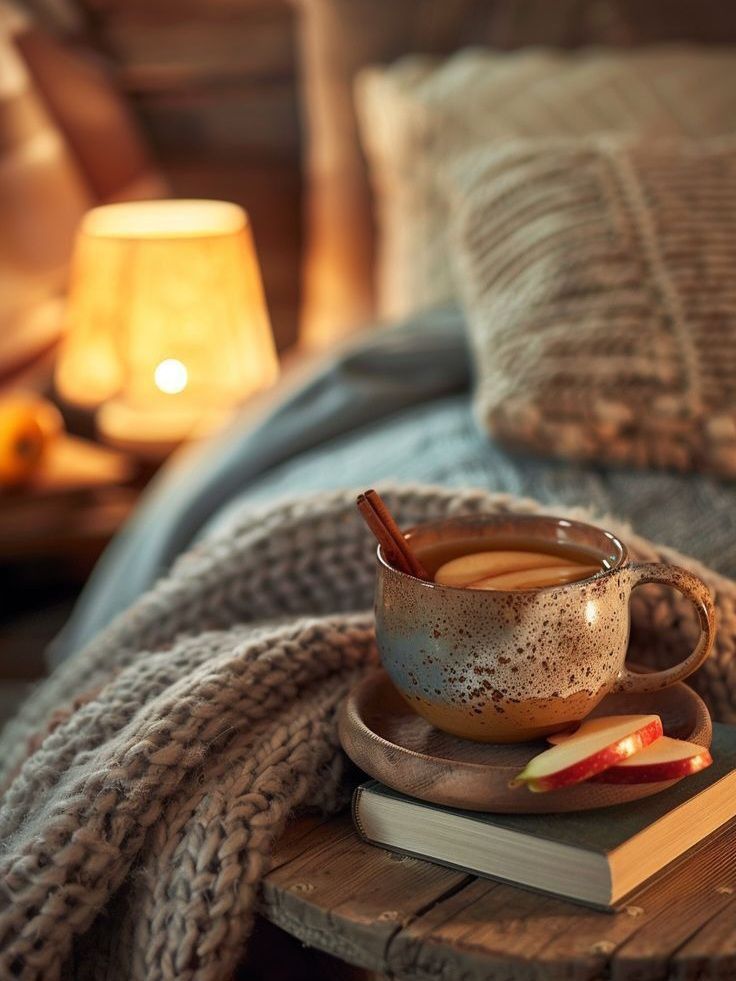 Punschtasse am Bett mit Wolldecke